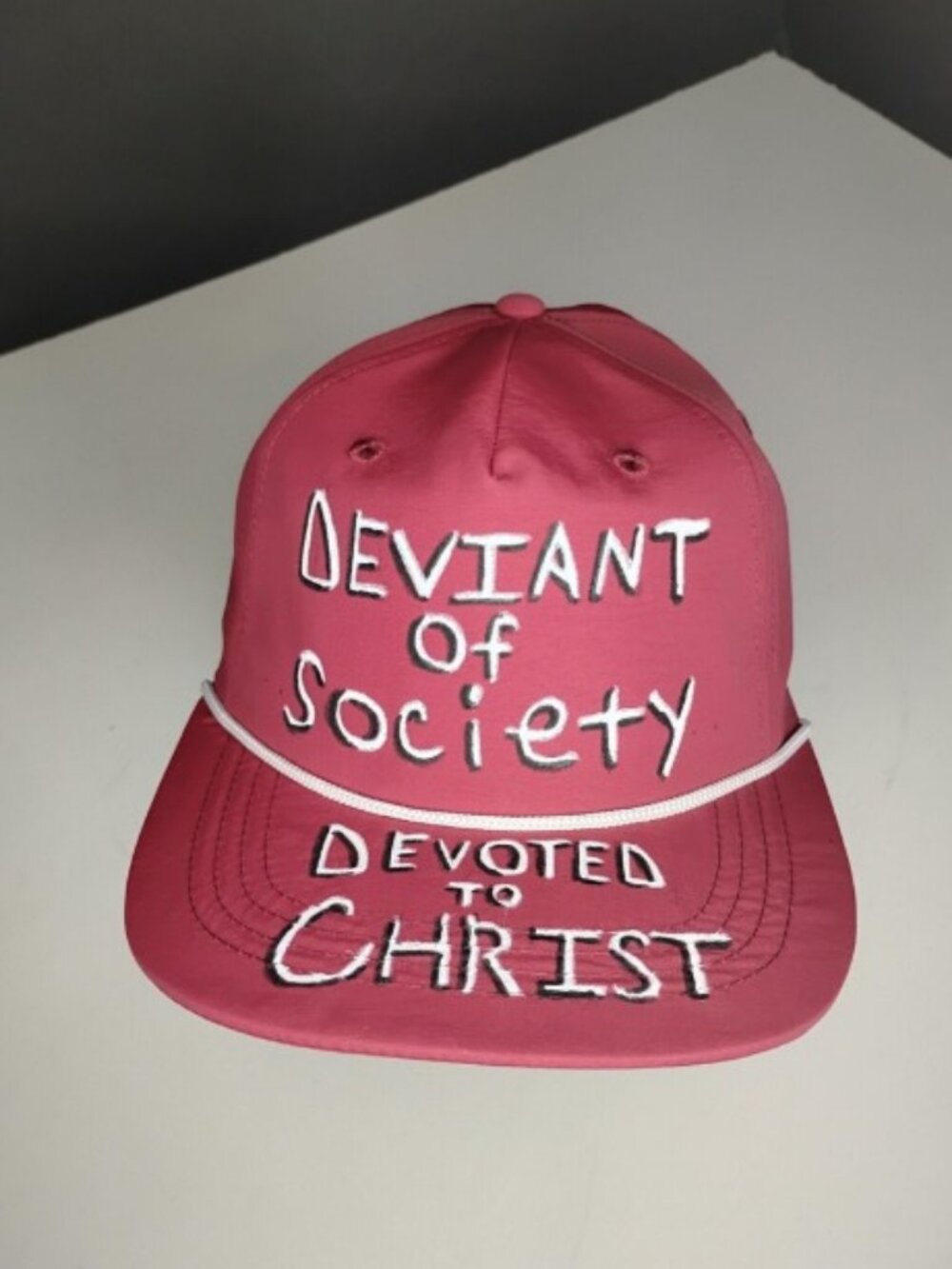 Hand Painted Christian Baseball Hat "Deviant Of Society Devoted to Christ" Red